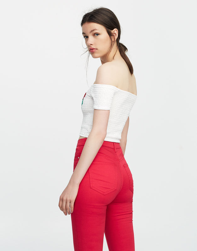 Bardot neckline crop top